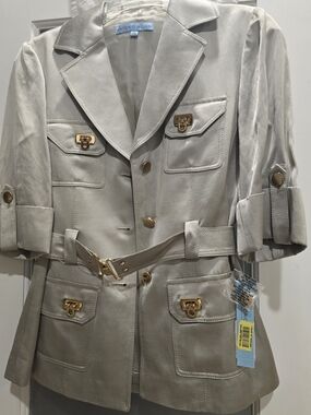Antonio Melani Beige Safari Satin Jacket, Gold Hardware, Belt, Pockets, NWT Sz 2
